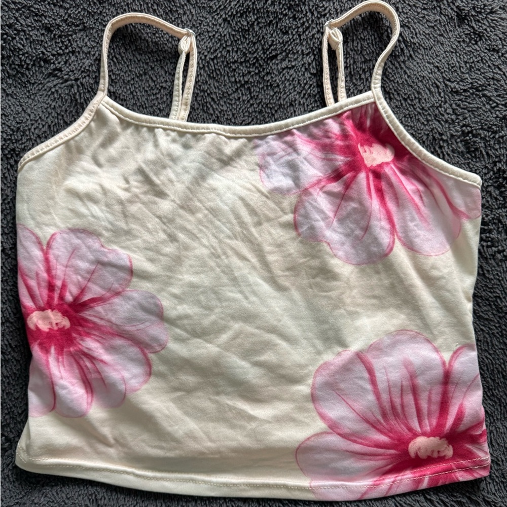 Cream Tank Top with Pink Floral Design